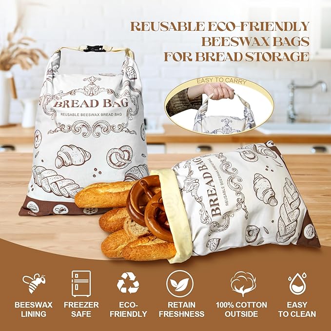 Reusable Beeswax Bread Bags with Zipper - Large Capacity Cotton Storage for Homemade, Sourdough & Fresh Bread | Food-Grade Eco-Friendly Storage Solutions