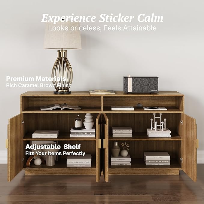 BELLEZE 65 Inch Fluted TV Stand, Mid Century Modern Entertainment Center with Storage Cabinets & Open Shelves, Media Console TV Cabinet with Adjustable Shelves for Living Room, Caramel Brown