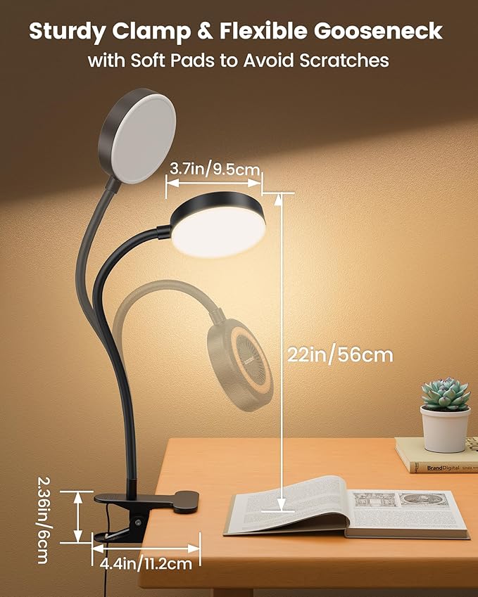 Glocusent 72 LED Clip on Lamp with Remote, Reading Light with Amer Ring Night Light, 3 Colors & 5 Dimmable Desk Lamp with Clamp, Auto-Off Timer for Night Reading, Bed Light for Headboard/Dorm/Bunk