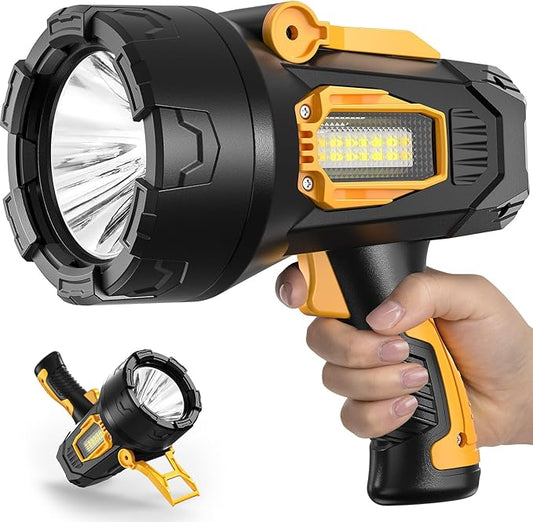 LBE Rechargeable Spotlight, Super Bright 90,000 Lumens Led Flashlight Handheld Spot Lights Outdoor with Cob Light, 10000ɱAh Long Lasting Large Spotlight for Hunting Boating Camping