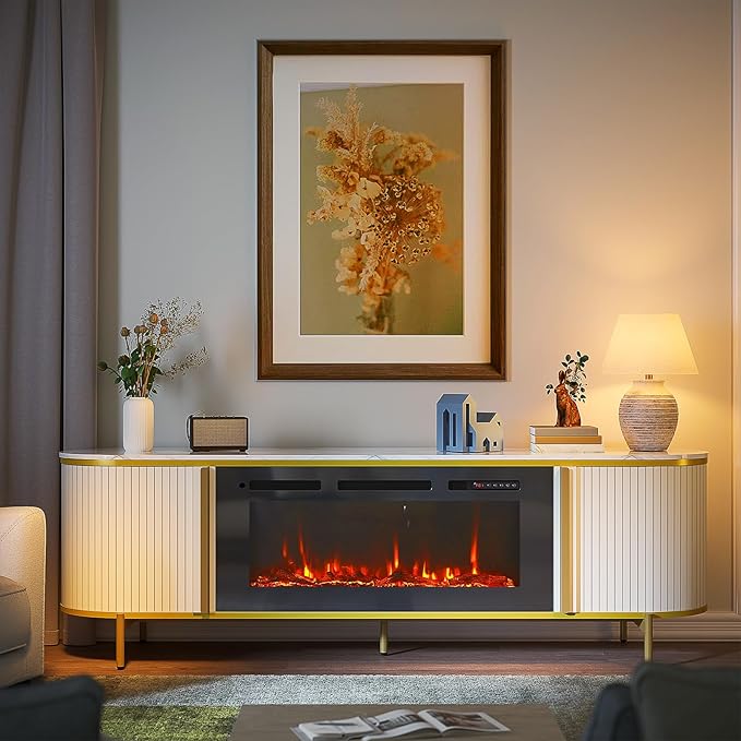 Luxury 70" Fluted Fireplace TV Stand, Modern Chic Entertainment Center for TVs Up to 80", TV Console for Living Room, White Media Cabinet with Storage,70 Inch