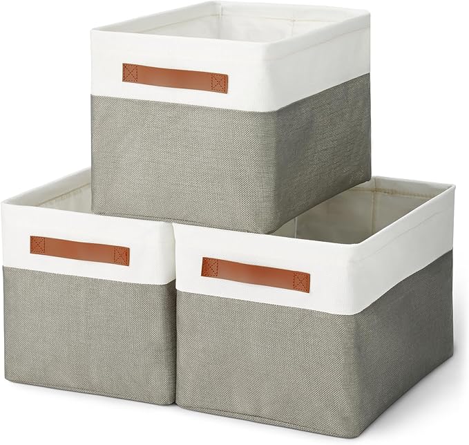 Amazon Basics Collapsible Storage Bins with Leather Handles, Charcoal, Large, Pack of 3
