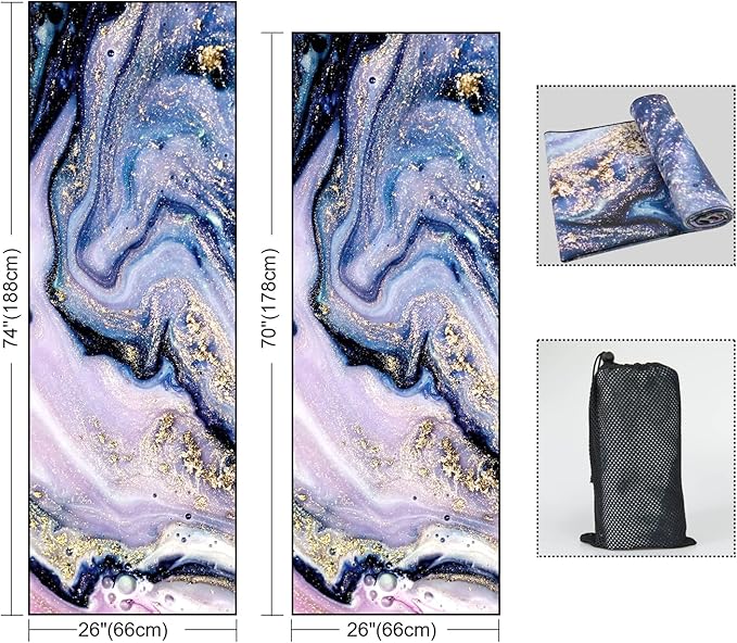 QiyI Yoga Mat Towel with Corner Pockets, Non Slip Sweat Absorbent Hot Yoga Towels, Soft Yoga Blankets with Travel Bag, Skidless Mat Cover for Workout, Gym, Fitness - 70"x26", Purple Gold Marble
