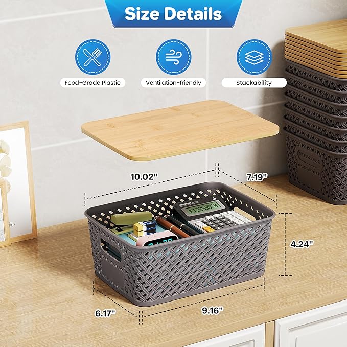 8 Packs Plastic Storage Bins with Bamboo Lids - Stackable Storage Bins Decorative Small Basket Containers for Organizing Shelves Office Classroom Desktop Closet, Grey