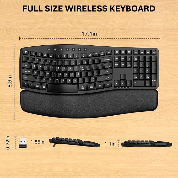 EDJO Wireless Keyboard,2.4G USB/Bluetooth Dual-Channel Connection, Full Size Wave Keys Ergonomic Keyboard with Soft Wrist Rest for Windows, Mac OS Desktop/Laptop/PC(Black)