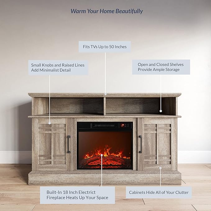 BELLEZE 48" TV Stand with 18" Electric Fireplace Heater, Modern TV Stand for TVs up to 50", Entertainment Media Stand with Open Shelves and Storage Cabinets for Living Room, Bedroom (Ashland Pine)