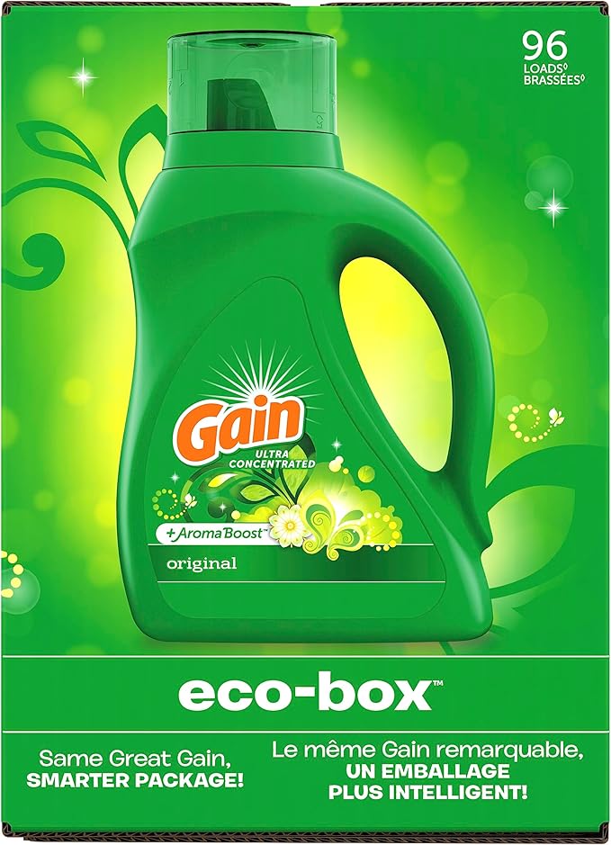 Gain Laundry Detergent Liquid Soap Eco-Box, Ultra Concentrated High Efficiency (HE), Original Scent, 96 Loads