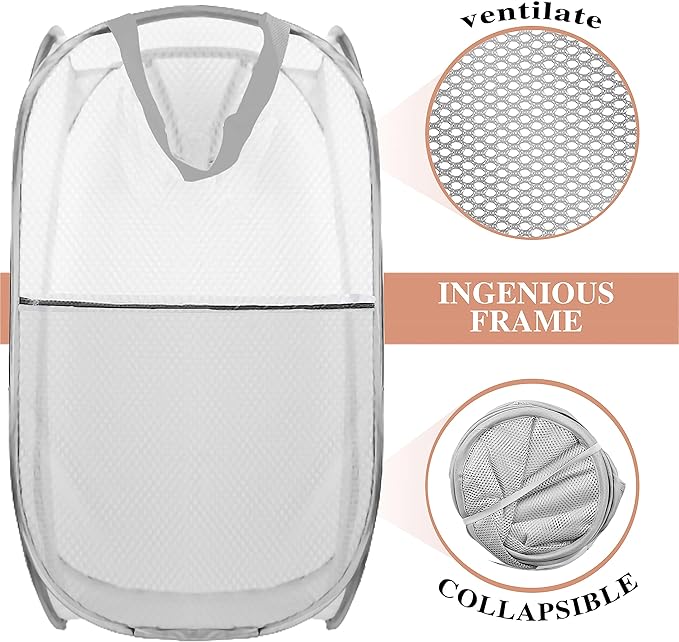 Collapsible Pop Up Laundry Hamper, Extra Large Mesh Foldable Laundry Basket, 28" x 16" x 16", 2 Pack (Black + Grey)