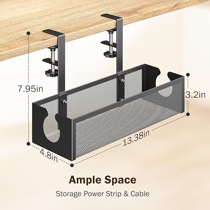 DELAMU Under Desk Cable Management Tray, No Drill Metal Mesh Cable Management Under Desk with F-Clamp Mount & 2 Open Holes, Cord Organizer for Home Office, 1 Pack, Black