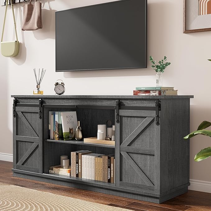 YESHOMY TV Stand for Televisions up to 65 Inches, with Sliding Barn Doors and Storage Cabinets, Console Table and Media Furniture for Living Room, 58 Inch, Gray