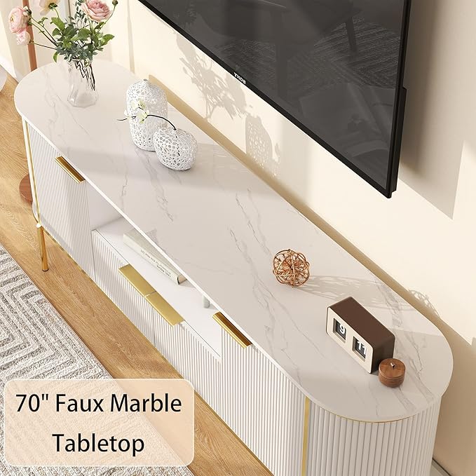 Luxury Fluted TV Stand: 70" White Entertainment Center for 80 inch TVs, TV Consoles for Living Room, Modern Media Console with Faux Marble Top (White, 70 Inch TV Stand)