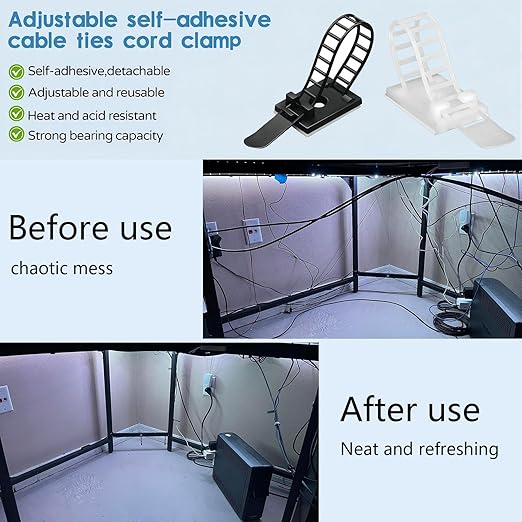 Adjustable 3M Adhesive Cable Management Clips 100Pcs, Large self Adhesive Cable Ties Clips ，Suitable for Cable Management Under desks and on Walls(Black)