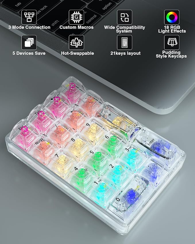SOLAKAKA K21 RGB Backlit Tri-Mode Transparent Wireless Mechanical Number Pad Supports 3 BT/2.4GHz/Type C Wired,Hot Swappable 21 Keys Mechanical Numpad with Transparent Keycaps White