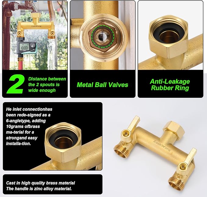 Heavy Duty Brass 2-Way Garden Hose Splitter, 3/4" GHT Threads, Metal Shutoff Valve, Long Handle（2 pack）