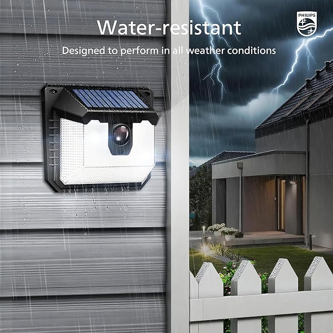 Philips Solar Lights Motion Sensor Outdoor, 120 LEDs Solar Powered Security Lights,3 Lighting Modes, Waterproof Wall Lights for Outside Yard Fence Garden Garage