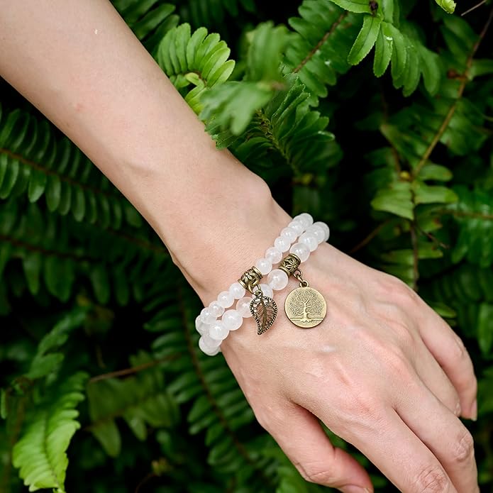 Bivei Natural Semi Precious Gemstone beads bracelet for women - Life Tree and Leaf Charm Energy Reiki Crystal Stretch Bracelets