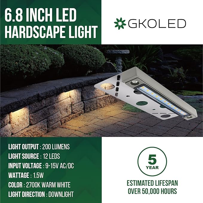 GKOLED 8Pack 6.8 Inch LED Low Voltage Hardscape Lighting, Outdoor Paver Lights, Retaining Wall Lights, Light Module Replaceable, Landscape Step Lights, Die-cast Aluminum Housing, 2700K Gray