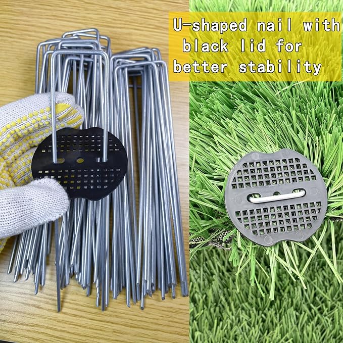100Pcs Landscape Staples with 100 Gasket with 1Pick Hook, 6 Inch Heavy Duty Garden Stakes 11 Gauge U Shaped Galvanized Lawn Pins for Weed Barrier Fabric