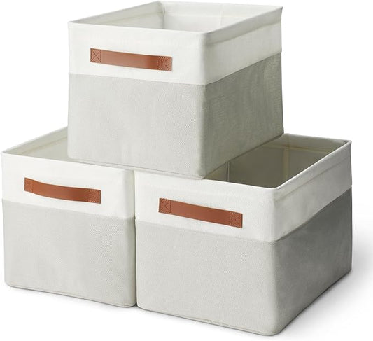 Amazon Basics Collapsible Storage Bins with Leather Handles, Linen, Large, Pack of 3