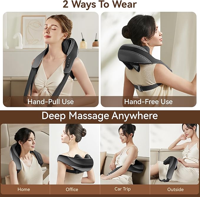 Shiatsu Neck and Shoulder Massager With Heat for Pain Relief, Deep Tissue Back Massager, Portable for Neck and Back, Gifts for Men and Women (Black With Leather Handbag)