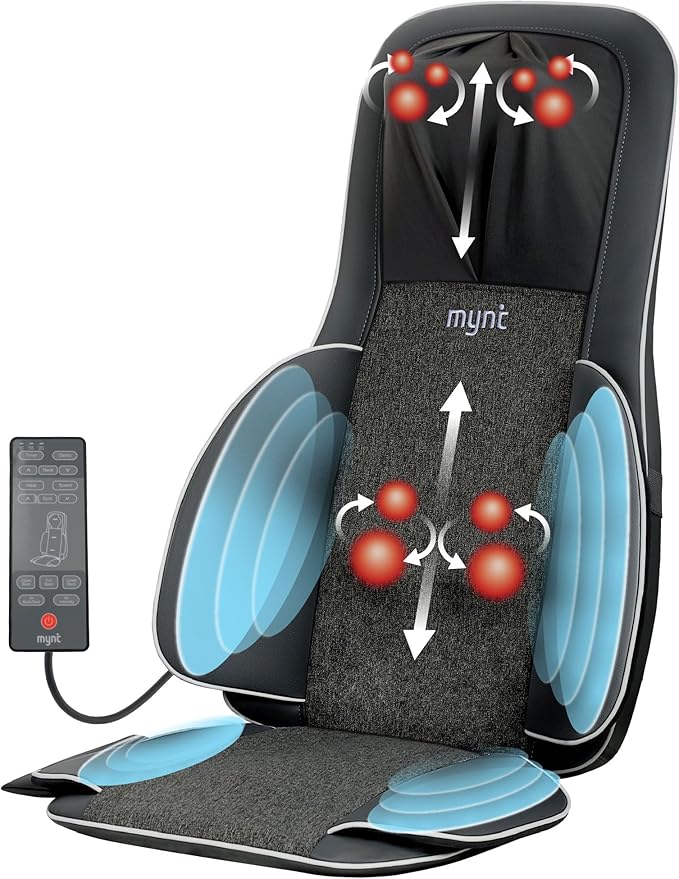 Mynt 2D & 3D Shiatsu Neck and Back Massager for Chair with 10 Deep Kneading Nodes, Back Massage with Heat, Portable Spot Massage Chair Pad (Black)