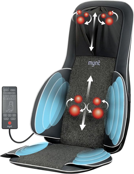 Mynt 2D & 3D Shiatsu Neck and Back Massager for Chair with 10 Deep Kneading Nodes, Back Massage with Heat, Portable Spot Massage Chair Pad (Black)