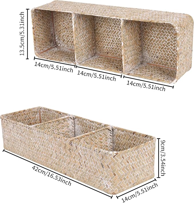 Shelf Baskets with Dividers, Seagrass Storage Baskets Rectangular Wicker Woven Back of Toilet Basket for Home Organizer