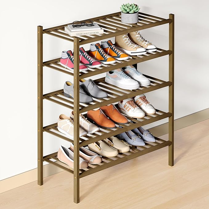 Smiry Bamboo Shoe Rack for Closet, 5 Tier Wooden Stackable Shoe Organizer, Free Standing Shoes Storage Shelf for Entryway, Front Door Entrance, Walnut