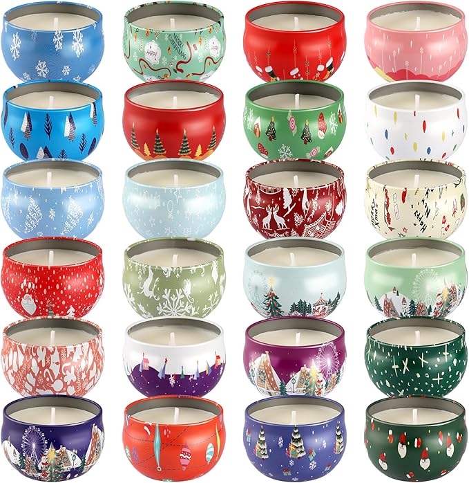 24Pack Christmas Scented Candle Tins Gift Set - Soy Wax Festive Candles 2.5oz- Long Lasting Burn time for Christmas Thanksgiving Gifts Holiday Decor & Gifting.