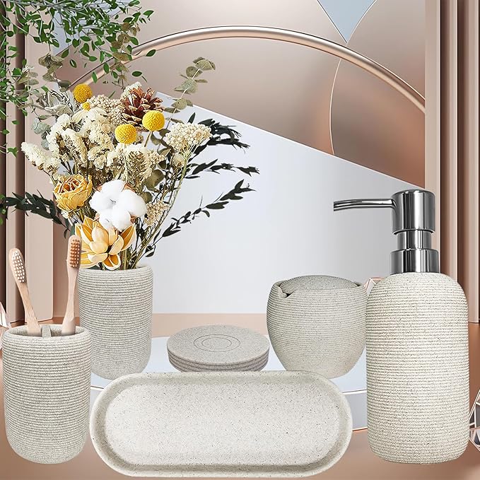 Bathroom Accessory Set, 6PCS Beige Bathroom Accessories - Soap Dish, Lotion Dispenser, Toothbrush Holder, Mouthwash Cup, Tray, Cotton Ball Jar, Aesthetic Decor Bathroom Sets
