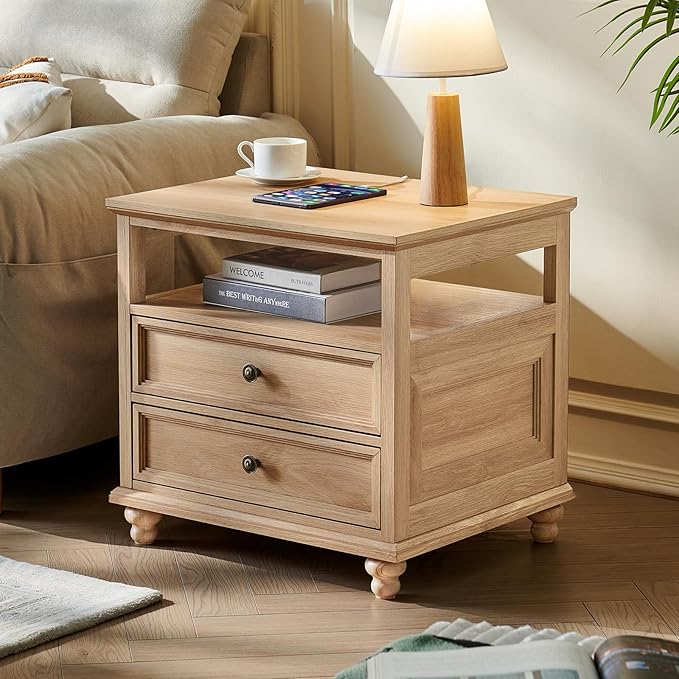 24" Wide Farmhouse Night Stand Set of 2,Large End Table with 2 Drawers & Metal Handle,Natural Wood Dresser for Bedroom, Bed Side Table Chest of Drawers Cabinet, Nightstand for Living Room