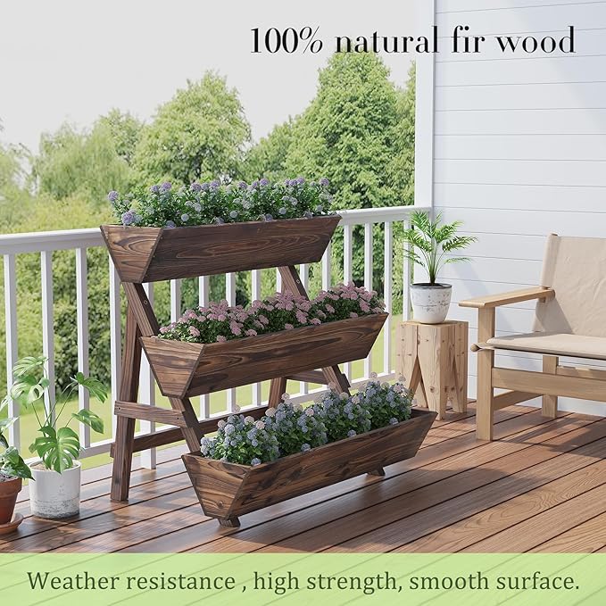 3-Tier Wooden Vertical Raised Garden Bed with Legs, Tiered Planter Box, Vertical Garden Planter,Wood Plant Stand Wood Flower Rack for Patio, Balcony, Freestanding. (Carbonized-Large)