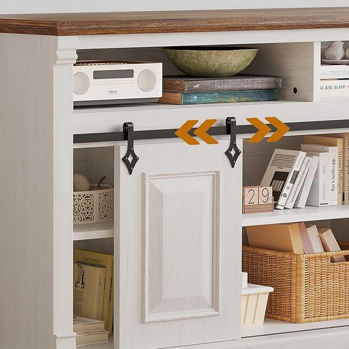 IRONCK Farmhouse TV Stand for 75+ Inch TV, 70" Entertainment Center with Storage Cabinets and Sliding Barn Door, Media Console for Living Room, White