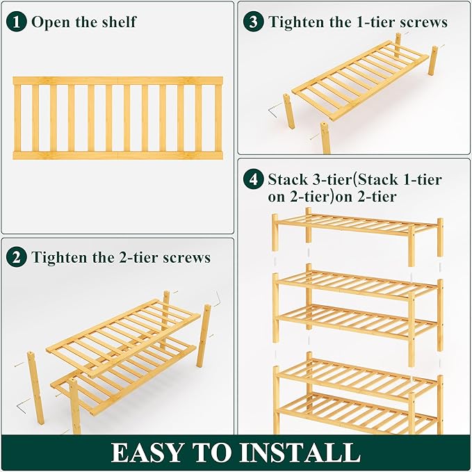 Smiry Shoe Rack, 5 Tier Bamboo Shoe Organizer, Stackable Free Standing Wooden Shoe Storage Shelf for Closet, Entryway, Front Door Entrance, Natural