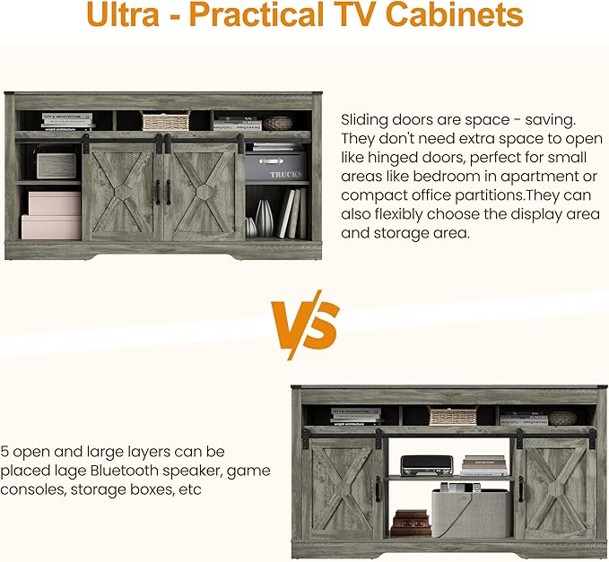 RoyalCraft TV Stand for 65+ Inch TV: Farmhouse Entertainment Center with Storage, Wood TV Console Cabinets with Sliding Barn Door, Tall Media with Adjustable Shelves for Living Room, Light Grey