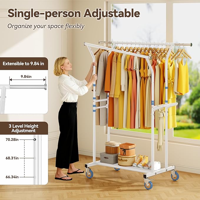 Heavy Duty Clothes Rack for Hanging Clothing: Rolling Coat Racks Poartable Garment with Wheels Freestanding Sturdy Metal Adjustable Extendable with Shelves Bedroom Laundry Living Room