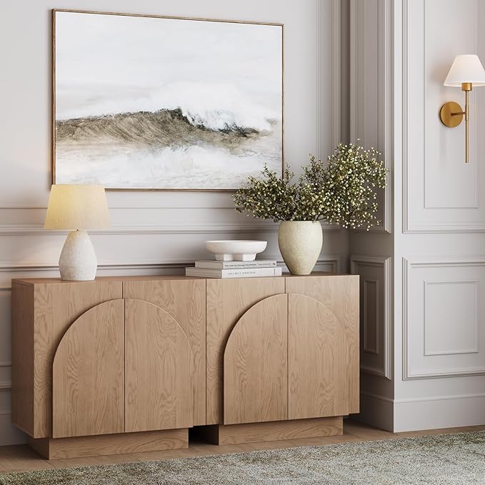 Nathan James Iris Mid-Century Modern Credenza, Brown TV Stand, Living Room Wood Storage Cabinet with Arched Cabinet Doors, Raw Oak, Set of 2