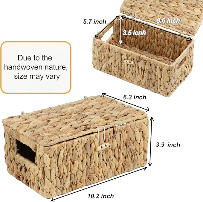 Small Wicker Basket with Lid, Natural Water Hyacinth Storage Baskets for Organizing, Rectangular Woven Basket for Storage, Decorative Boxes Bins with Lids and Built-in Handles (10.2" x 6.3" x 3.9")