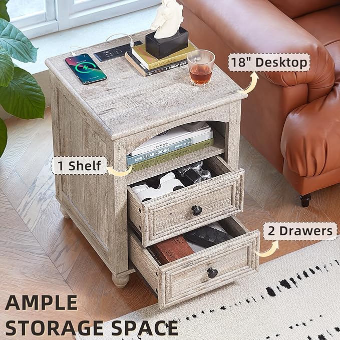 18" Farmhouse Night Stand with Charging Station, Gray Wood Nightstand with 2 Drawers, Bedside End Table with Shelf Storage, Bed Side Tables Cabinet for Bedroom, Living Room, and Closet
