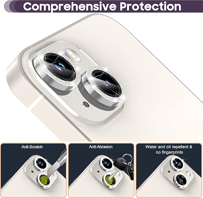Suoman for iPhone 14 6.1 inch / 14 Plus 6.7 inch Camera Lens Protector, 9H Tempered Glass Film, Metal Frosted Independent Protective Cover [Glitter Diamonds]- Silver