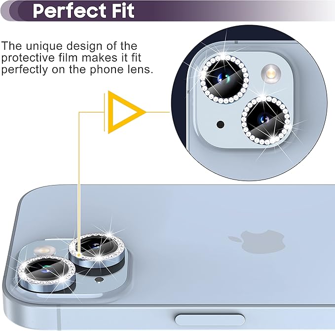 Suoman for iPhone 14 6.1 inch / 14 Plus 6.7 inch Camera Lens Protector, 9H Tempered Glass Film, [Does not Affect Night Shots] Metal Frosted Diamonds Independent Protective Cover- Diamond Blue