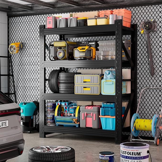 Kobito 3800LBS Garage Storage Shelves, 47" W Garage Shelving Heavy Duty Adjustable Shelving Unit, 4 Tier Metal Utitly Shelves Industrial Shelving for Warehouses,Basement,Black