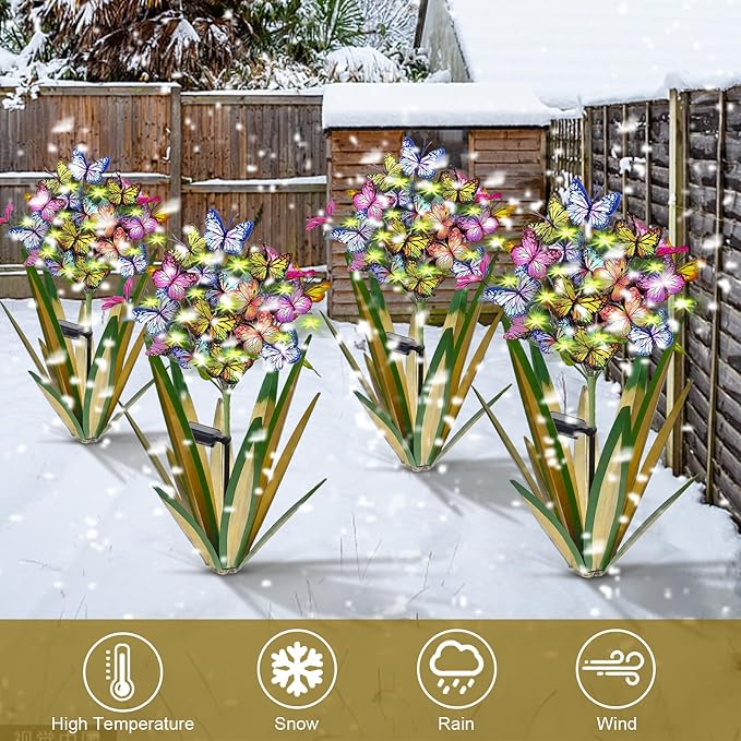 Solar Metal Agave Butterfly Flower Stick Garden Sculpture - Outdoor Christmas Lights With Swaying Butterfly - Solar Powered Gift (2 PCS Light Green)