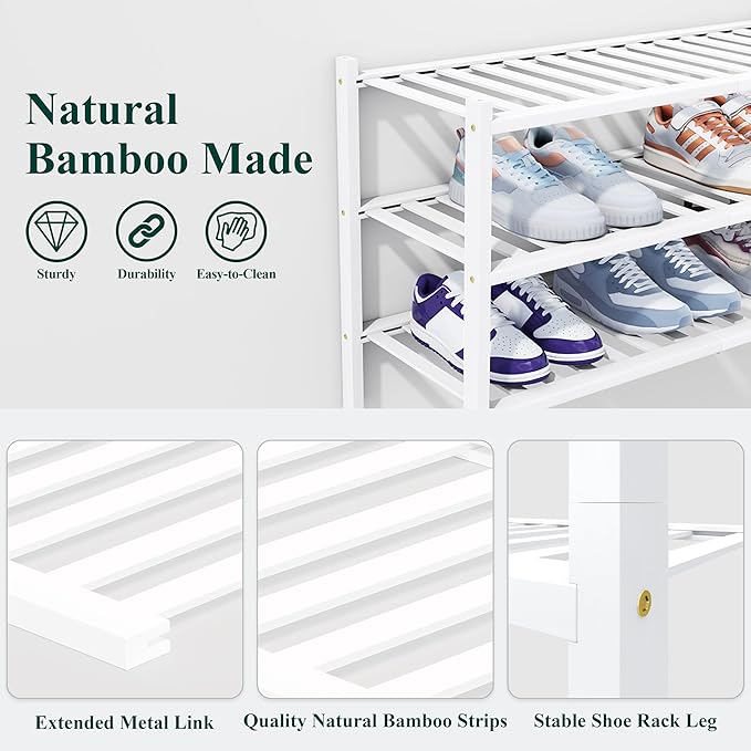 Smiry Shoe Rack, 5 Tier Thick Bamboo Shoe Organizer, Stackable Free Standing Wooden Shoe Storage Shelf for Closet, Entryway, Front Door Entrance, White