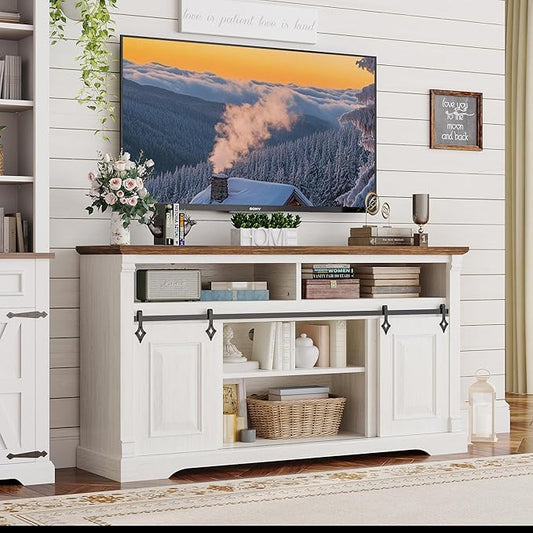 IRONCK Farmhouse TV Stand for 65+ Inch TV, 59" Entertainment Center with Storage Cabinets and Sliding Barn Door, Media Console for Living Room, White