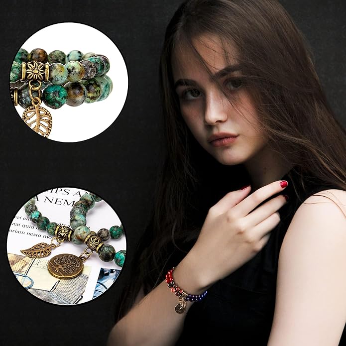 Bivei Natural Semi Precious Gemstone beads bracelet for women - Life Tree and Leaf Charm Energy Reiki Crystal Stretch Bracelets