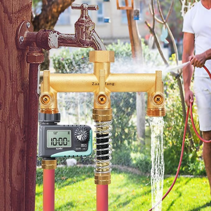 Heavy Duty Brass 3-Way Garden Hose Splitter with Metal Shutoff Valve and Long Handle Outdoor Faucet Diverter, 3/4’ GHT Threads