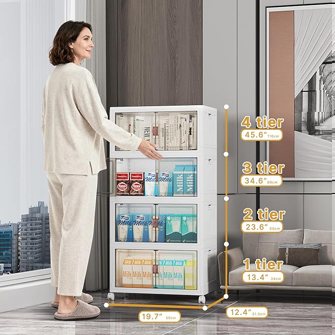 Extra Large Stackable Storage Bins with Lids & Wheels & Door, 416QT-52QT/13GAL*8Pack Foldable Collapsible Closet Organizers, Plastic containers drawers for bedroom Dorm