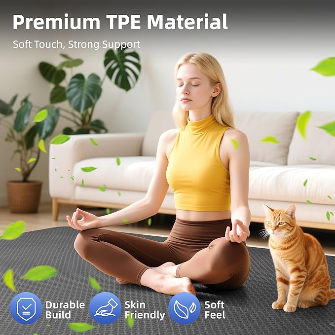 Thick TPE Yoga Mat 72"x48" - 6/8/10/12mm Extra Cushion for Joint Support & Comfort, Non-Slip Texture, Durable & Waterproof, Includes Bag, Strap & Towel for Home Workout, Pilates & Yoga