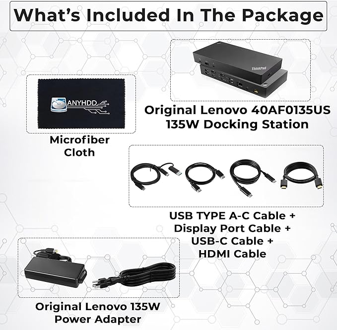 Lenovo 40AF0135US Thinkpad Docking Station Dual Monitor Hybrid USB-C with USB-A - 1 Year Warranty, with 135W Adapter + HDMI Cable + DisplayPort Cable + USB-C Cable + Microfiber Cloth (Renewed)